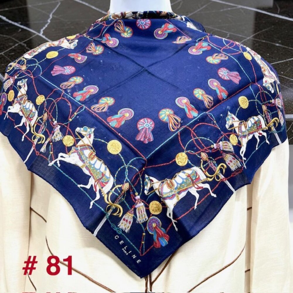 Unused Celine Paris MiniScarf/Handkerchief  Cotton 18"-19" "  Blue Gold Chain